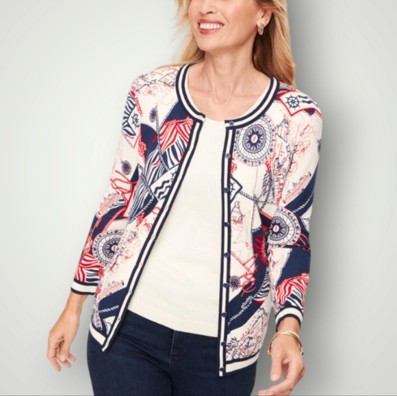 Talbots Top Womens PP Petite Sea Map Print Charming Cardigan Sweater Lightweight - Picture 1 of 8